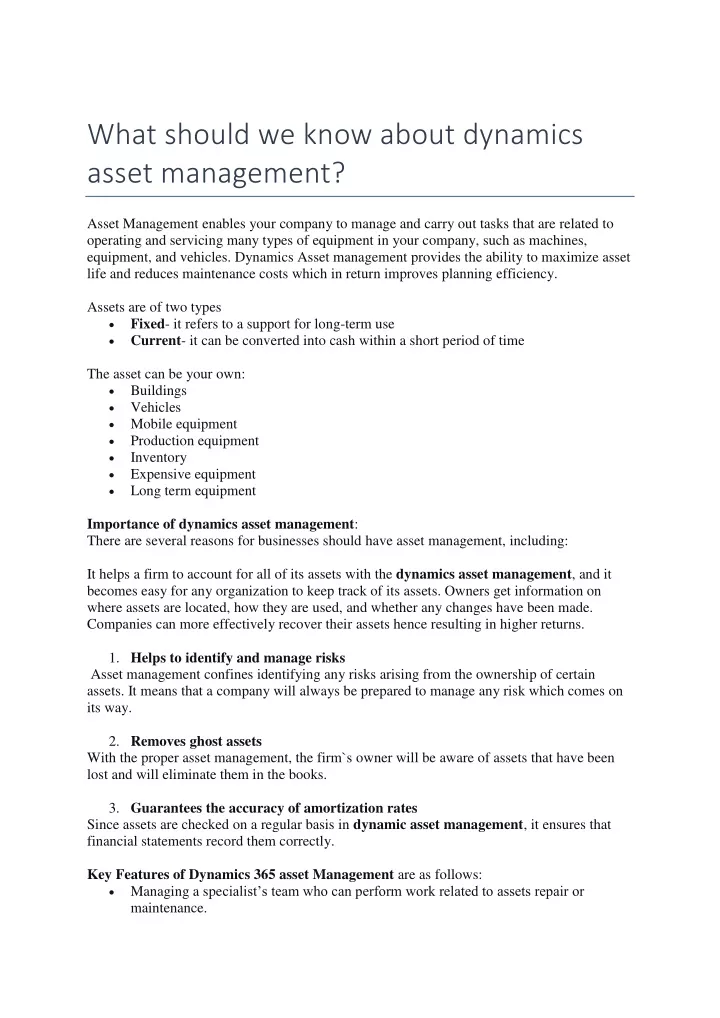 what should we know about dynamics asset