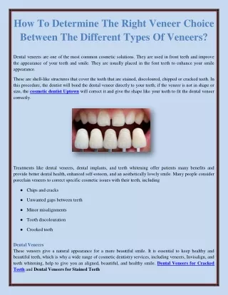 How To Determine The Right Veneer Choice Between The Different Types Of Veneers?