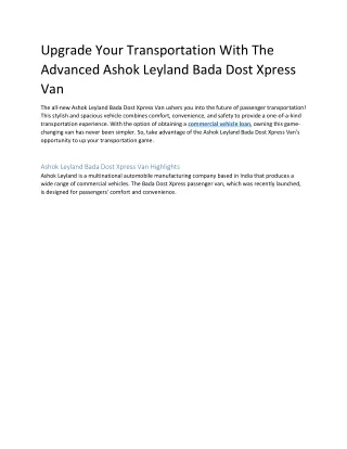 Upgrade Your Transportation With The Advanced Ashok Leyland Bada Dost Xpress Van
