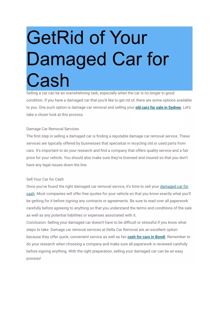 getrid of your damaged car for cash selling