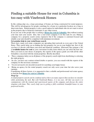 Finding a suitable House for rent in Columbia is too easy with Vinebrook Homes
