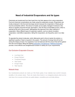 Need of Industrial Evaporators and its types