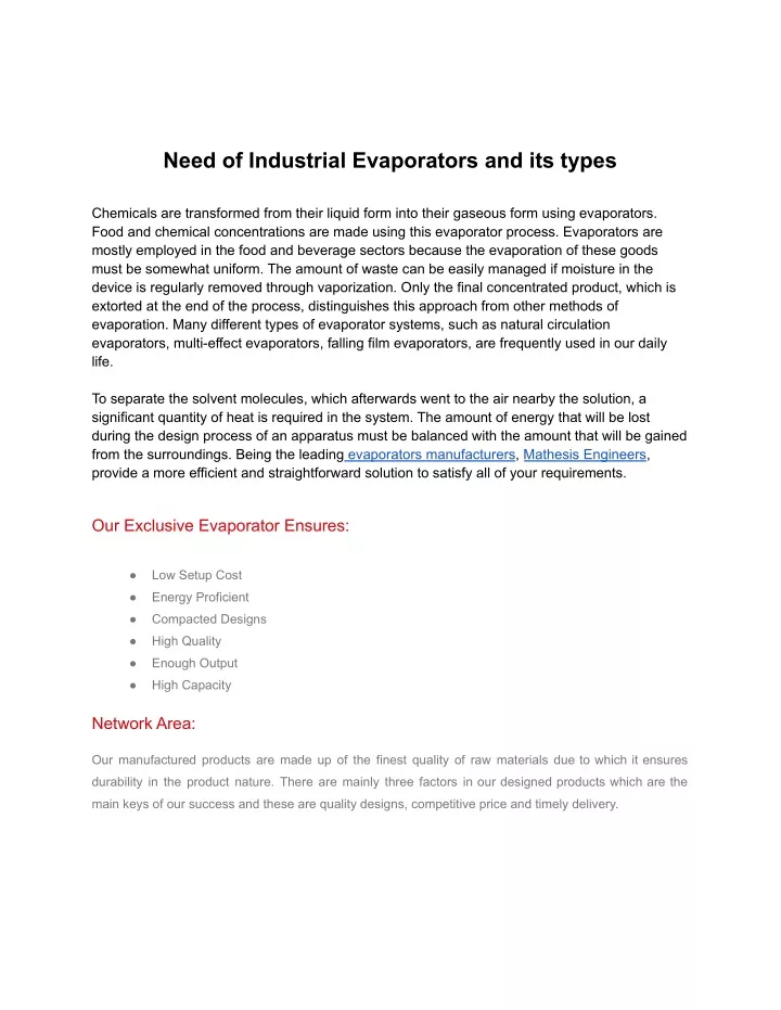 need of industrial evaporators and its types