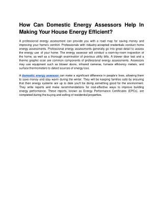 How Can Domestic Energy Assessors Help In Making Your House Energy Efficient