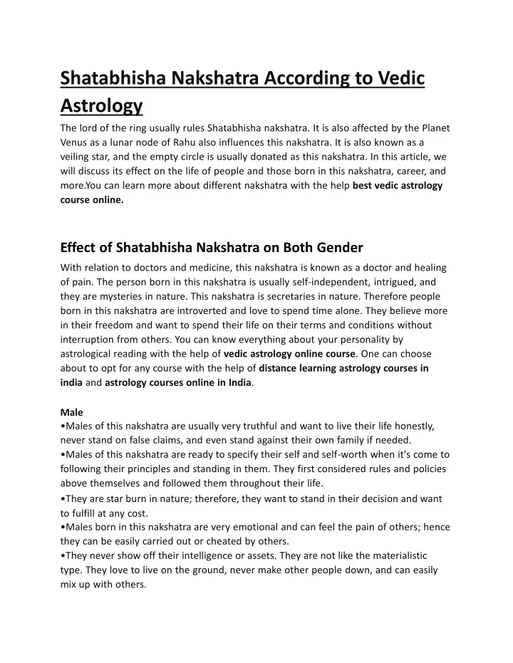 shatabhisha nakshatra according to vedic