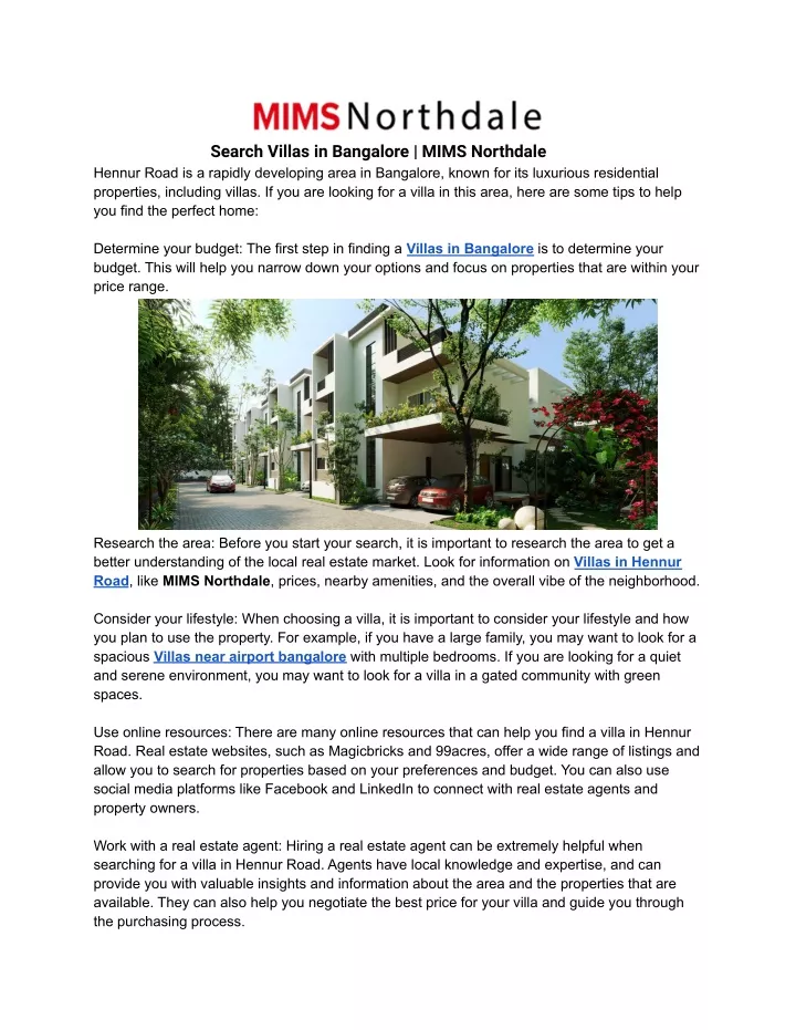 search villas in bangalore mims northdale hennur