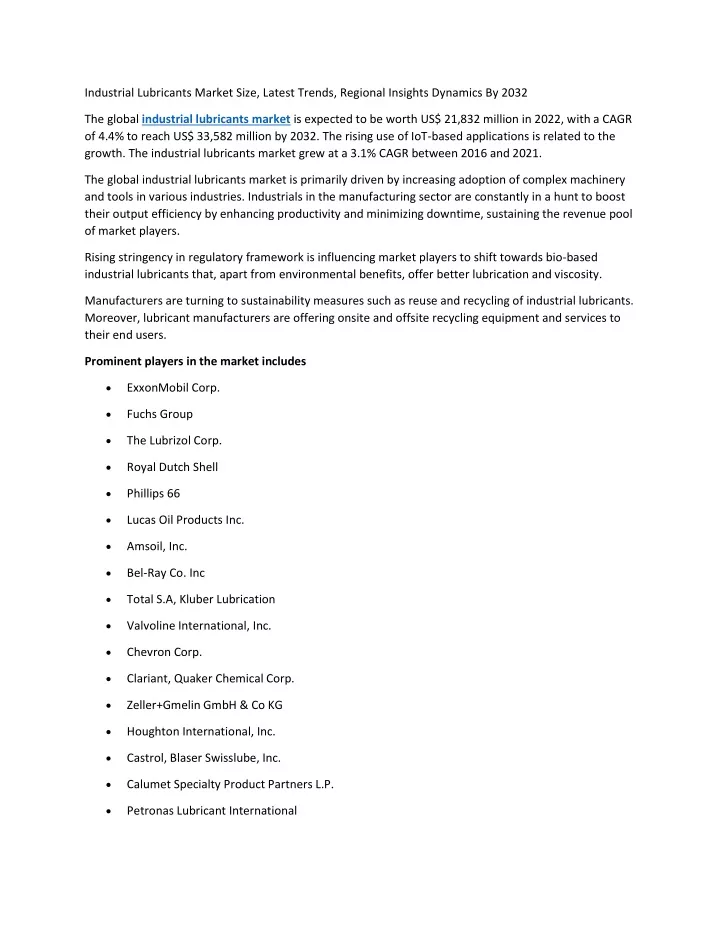 industrial lubricants market size latest trends