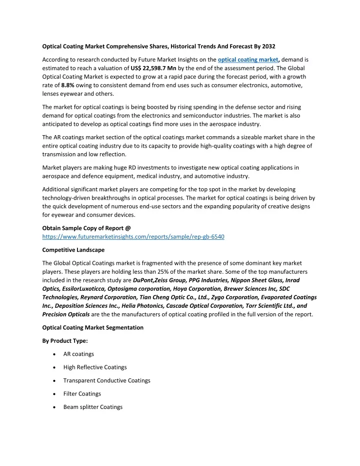 optical coating market comprehensive shares