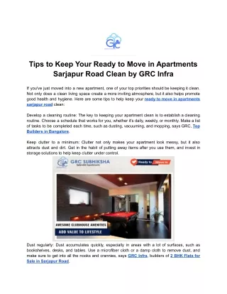 Tips to Keep Your Ready to Move in Apartments Sarjapur Road Clean by GRC Infra