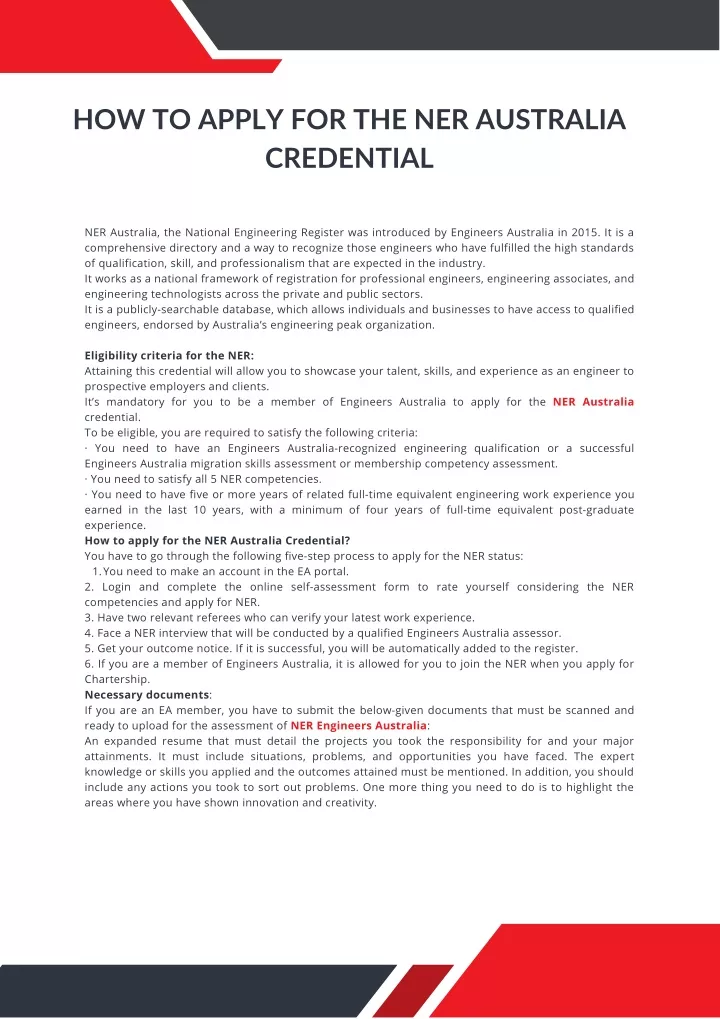 how to apply for the ner australia credential