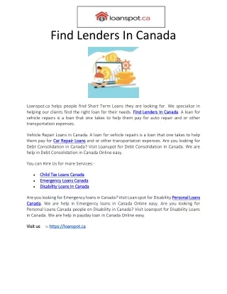 Find Lenders In Canada