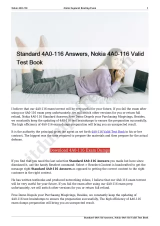 Standard 4A0-116 Answers, Nokia 4A0-116 Valid Test Book