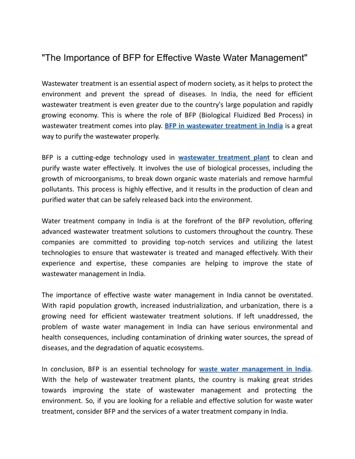 the importance of bfp for effective waste water