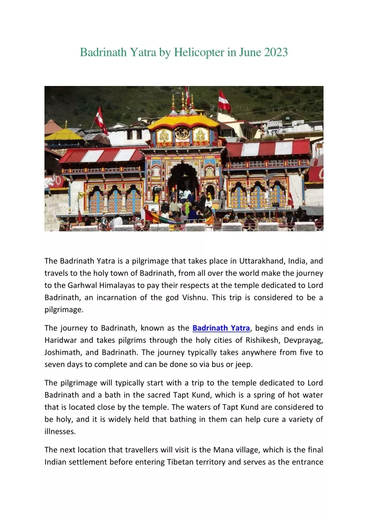 badrinath yatra by helicopter in june 2023