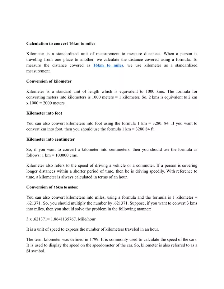 calculation to convert 16km to miles