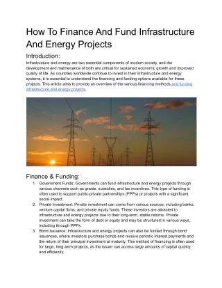 How to finance and fund infrastructure and energy projects