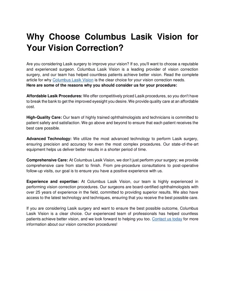 why choose columbus lasik vision for your vision