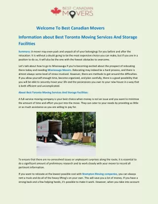 Information about Best Toronto Moving Services And Storage Facilities