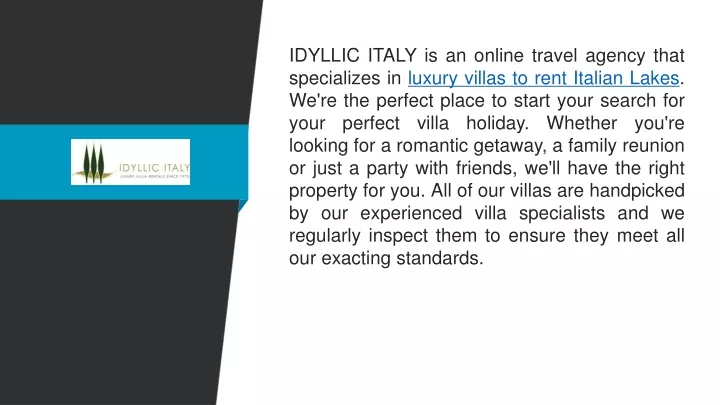 idyllic italy is an online travel agency that