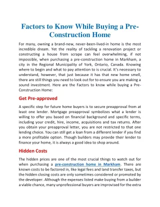 Factors to know while buying a Pre-Construction Home
