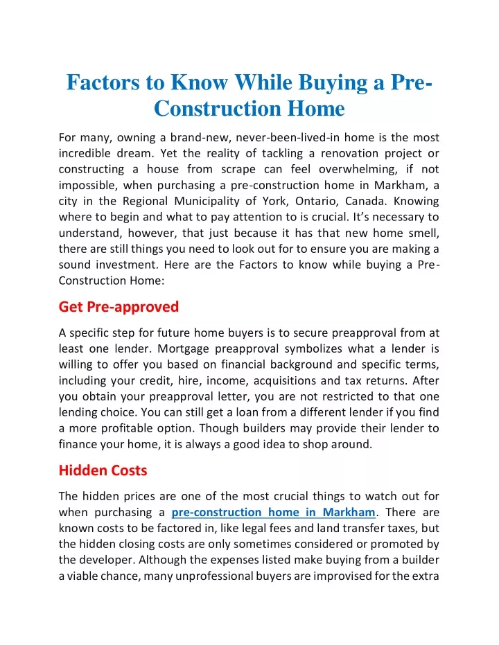 factors to know while buying a pre construction