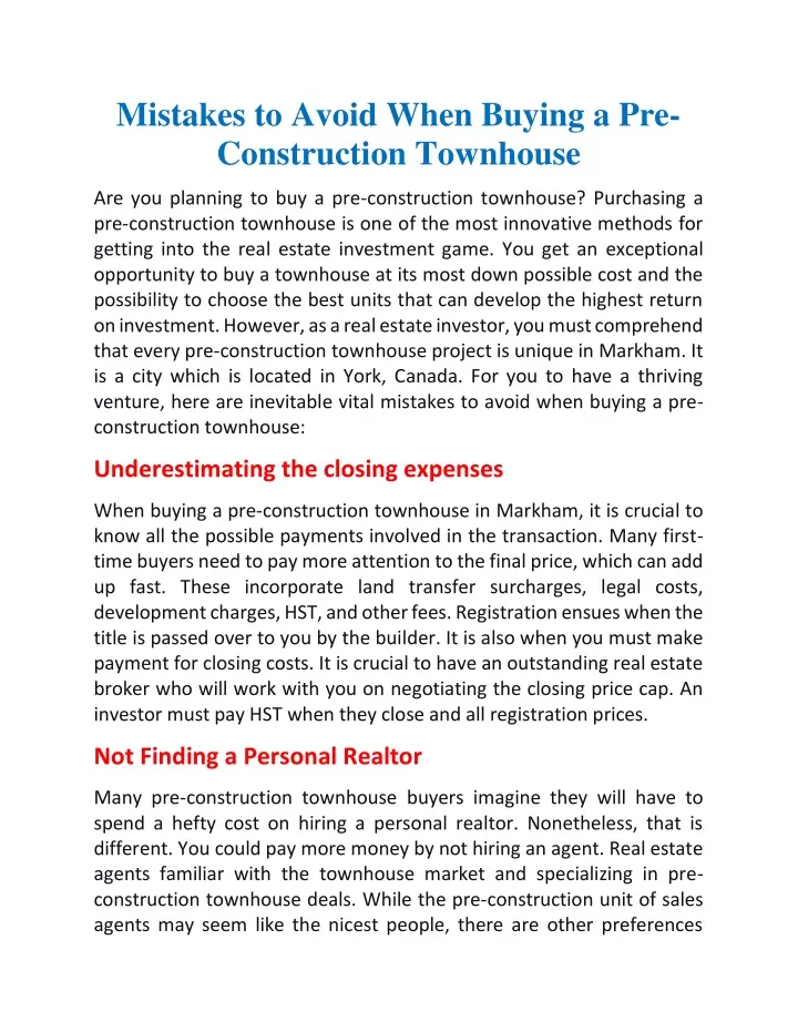 mistakes to avoid when buying a pre construction