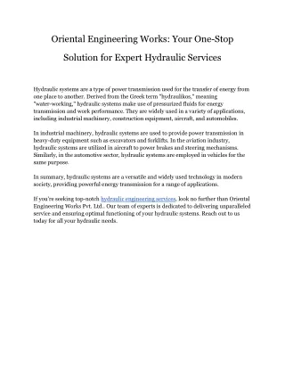 Oriental Engineering Works  Your One-Stop Solution for Expert Hydraulic Services