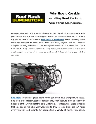 Why Should Consider Installing Roof Racks on Your Car in Melbourne