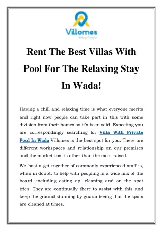 Villa With Private Pool In Wada Call-9870270261