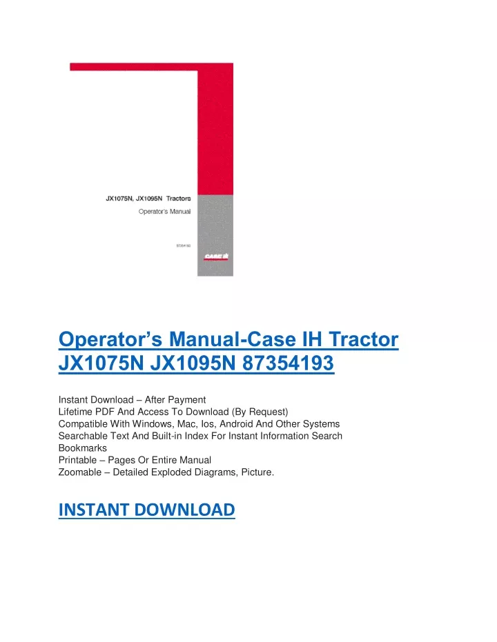 operator s manual case ih tractor jx1075n jx1095n