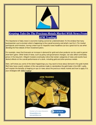 Keeping Tabs On The Precious Metals Market With News From APM Trading
