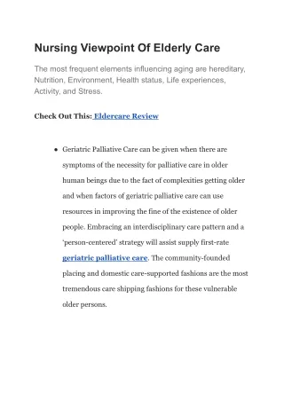 Nursing Viewpoint Of Elderly Care