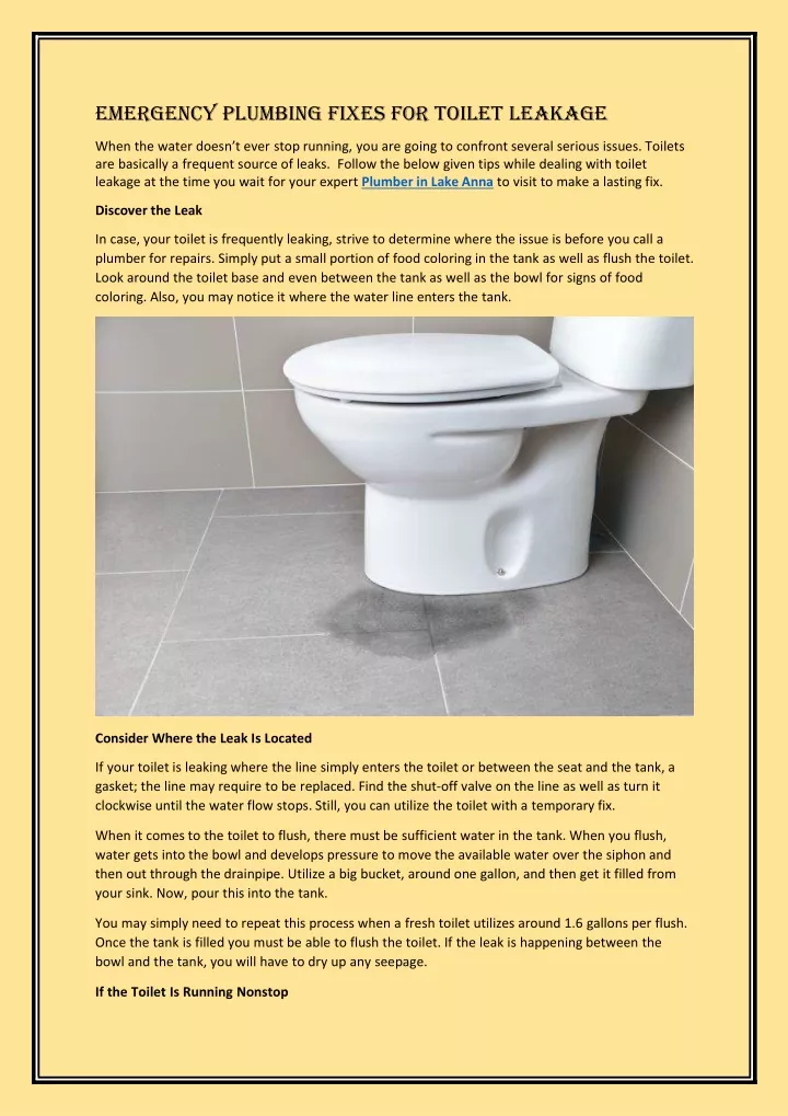 emergency plumbing fixes for toilet leakage when