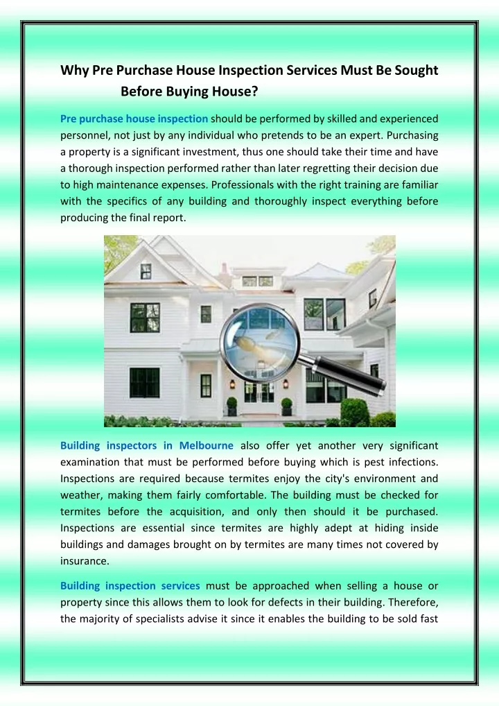 why pre purchase house inspection services must