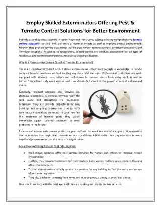 Employ Skilled Exterminators Offering Pest & Termite Control Solutions for Better Environment