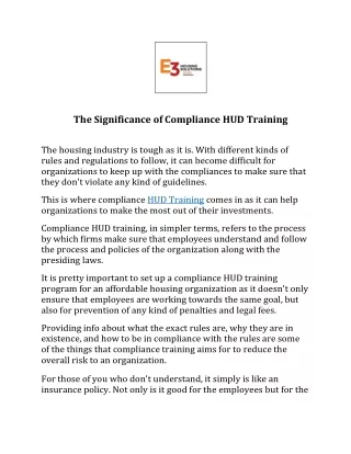 The Significance of Compliance HUD Training by E3 Housing