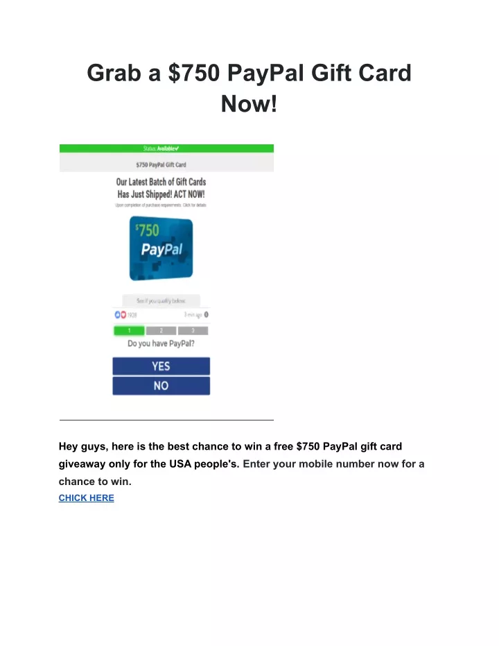 grab a 750 paypal gift card now