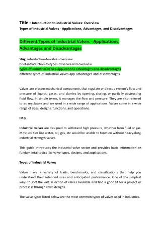 Different Types of Industrial Valves - Applications, Advantages and Disadvantage