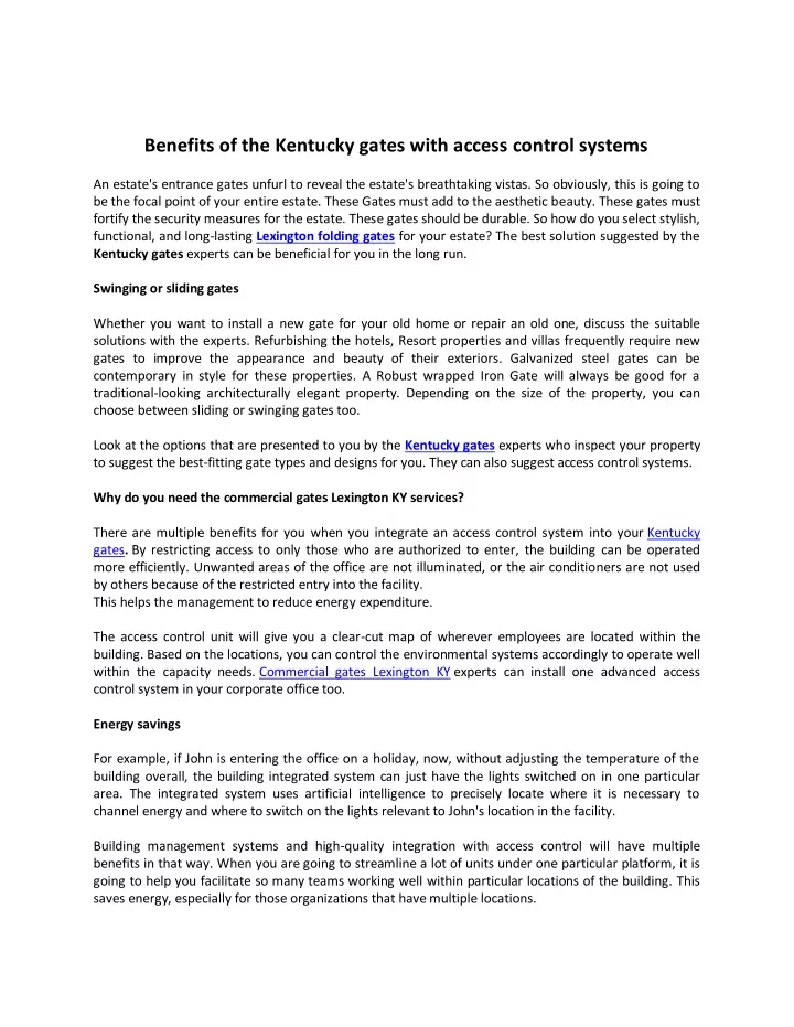 benefits of the kentucky gates with access