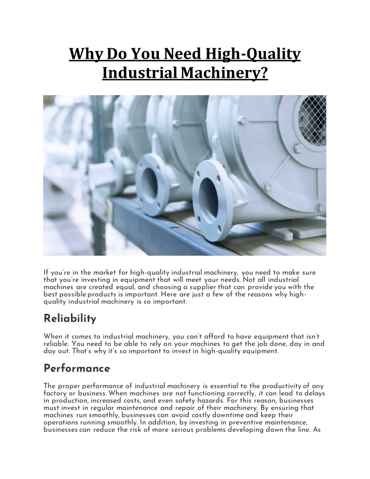 why do you need high quality industrial machinery