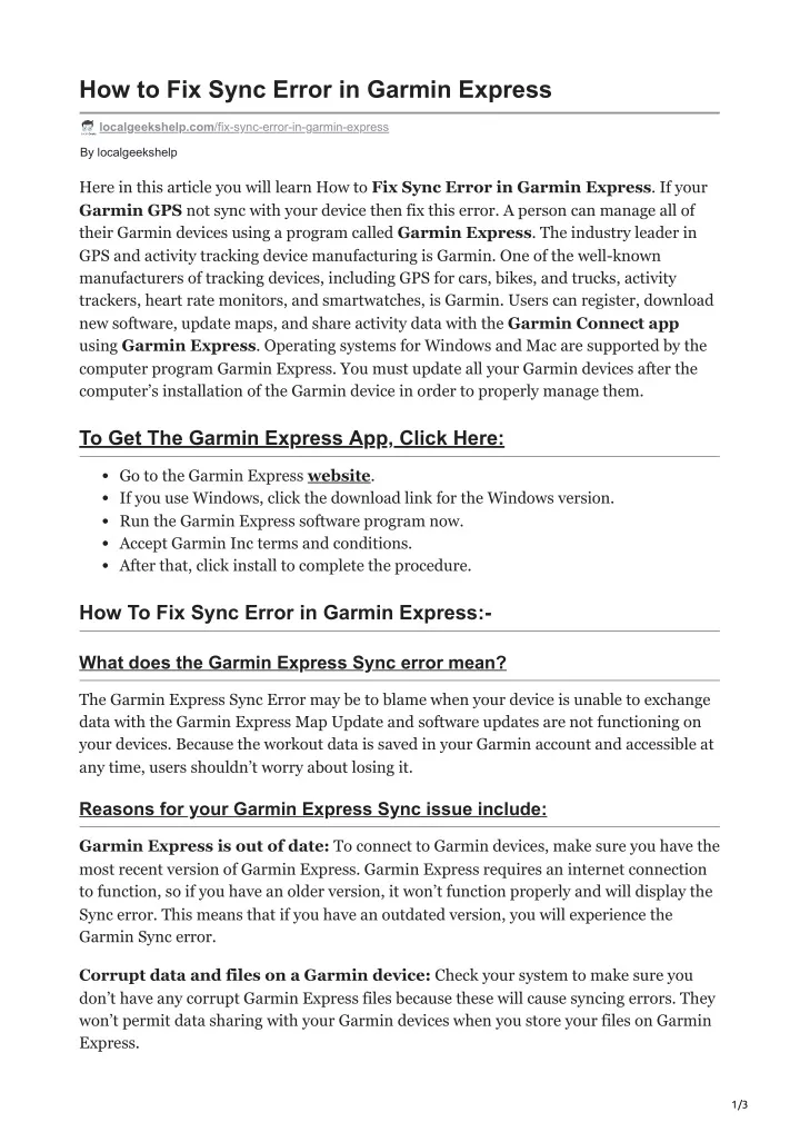how to fix sync error in garmin express