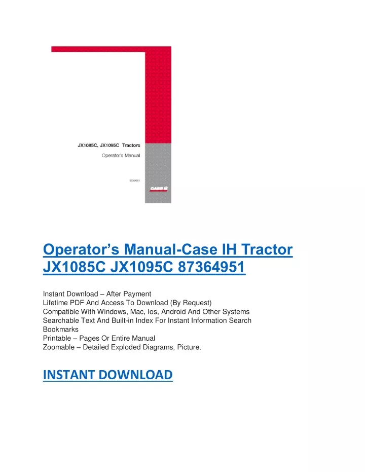 operator s manual case ih tractor jx1085c jx1095c