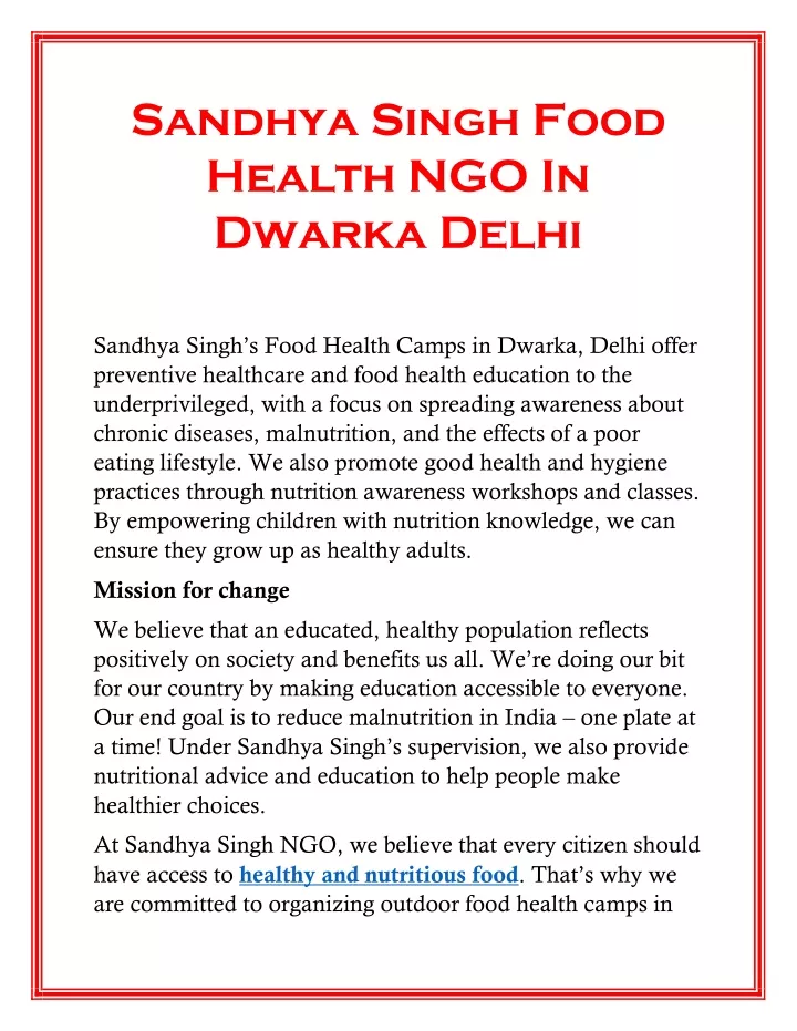 sandhya singh food health ngo in dwarka delhi