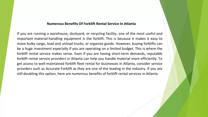 numerous benefits of forklift rental service