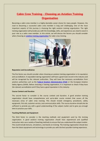 Cabin Crew Training Choosing an Aviation Training Organisation