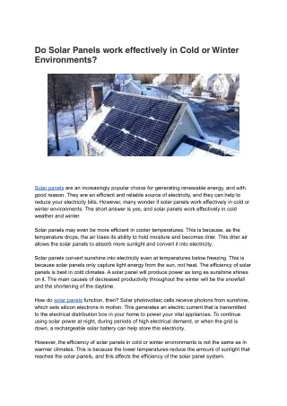 Do Solar Panels work effectively in Cold or Winter Environments