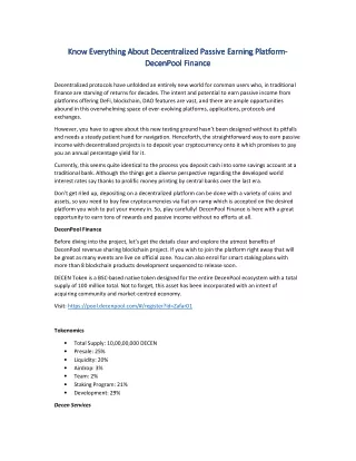 Know Everything About Decentralized Passive Earning Platform- DecenPool Finance