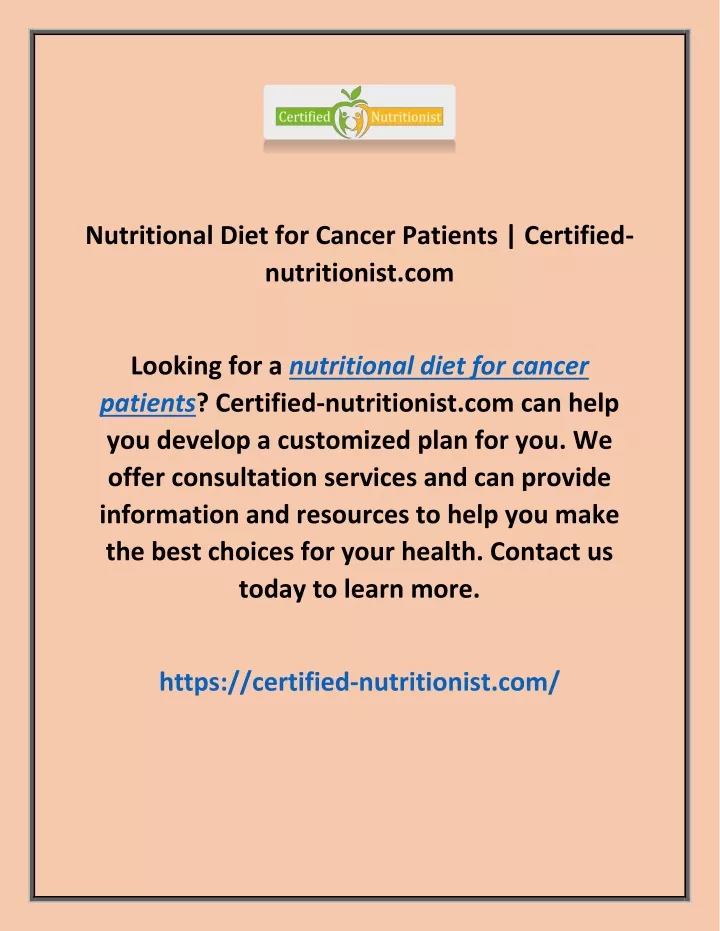 nutritional diet for cancer patients certified