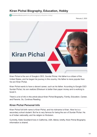 Kiran Pichai Biography, Education, Hobby
