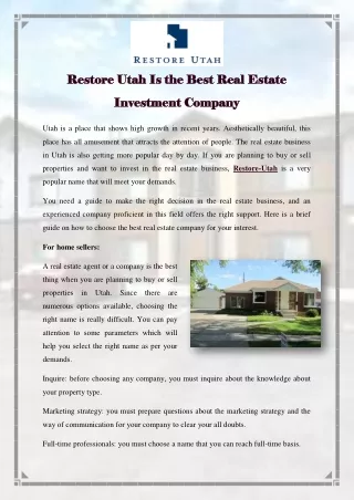 Restore Utah Is the Best Real Estate Investment Company